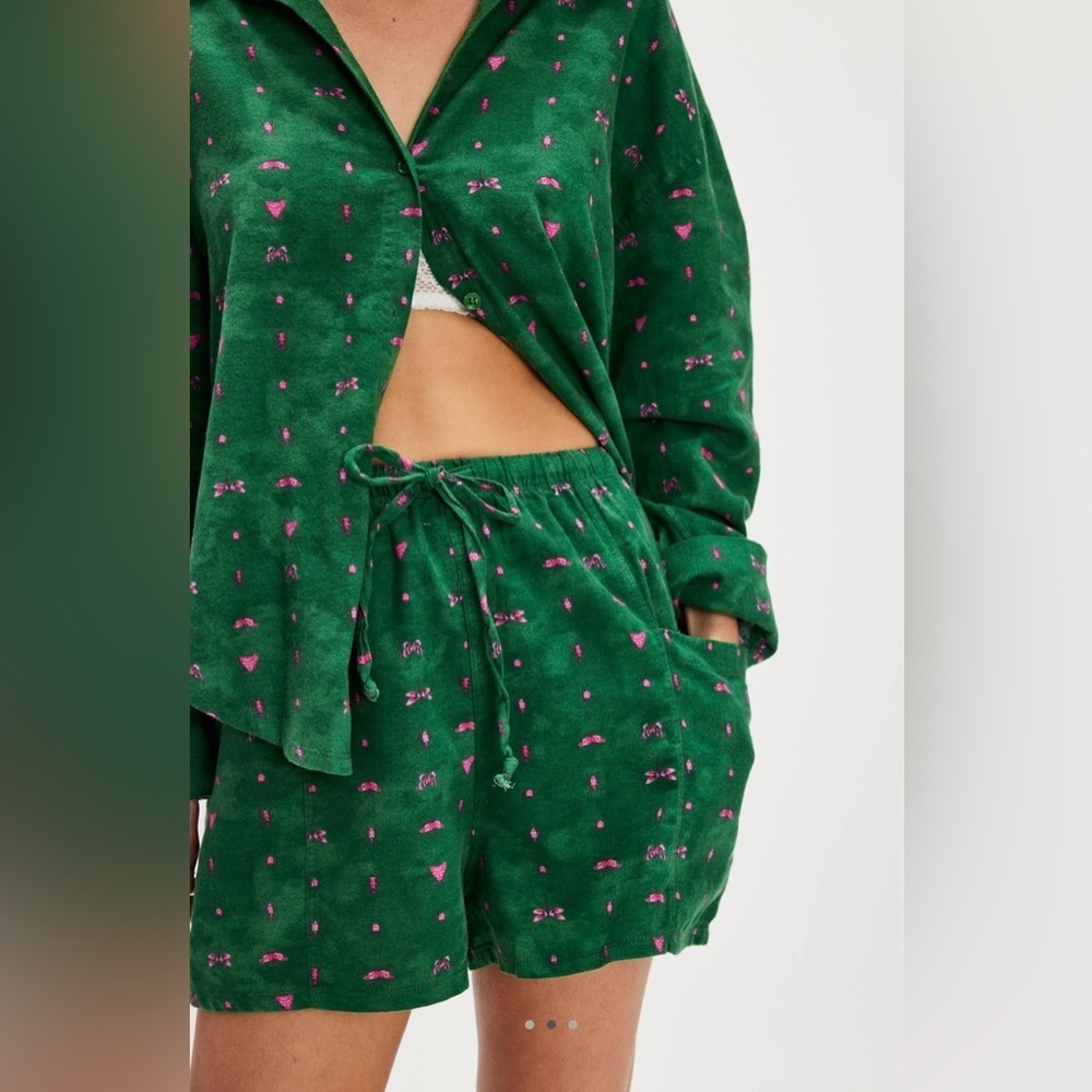 NWT Free People XS Flannel Play Date Set Cotton Green Combo Pajamas Intimately - Picture 2 of 5